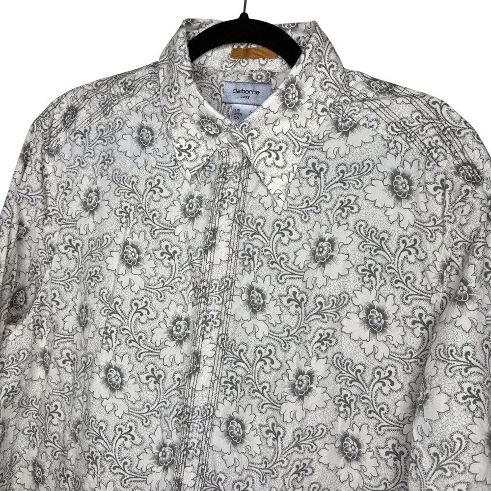Claiborne Luxe Mens Large Cream‎ Floral Paisley Cotton Button Down Shirt